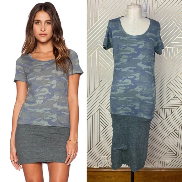 Monrow Camo Tee Shirt Dress Succulent Green Short Sleeve Ruched Size US Small - Picture 1 of 11